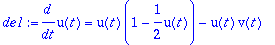 de1 := diff(u(t),t) = u(t)*(1-1/2*u(t))-u(t)*v(t)