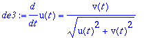de3 := diff(u(t),t) = v(t)/(u(t)^2+v(t)^2)^(1/2)