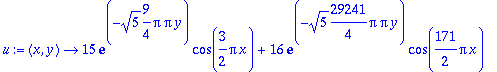 u := proc (x, y) options operator, arrow; 15*exp(-sqrt(5)*9/4*Pi*Pi*y)*cos(3/2*Pi*x)+16*exp(-sqrt(5)*29241/4*Pi*Pi*y)*cos(171/2*Pi*x) end proc